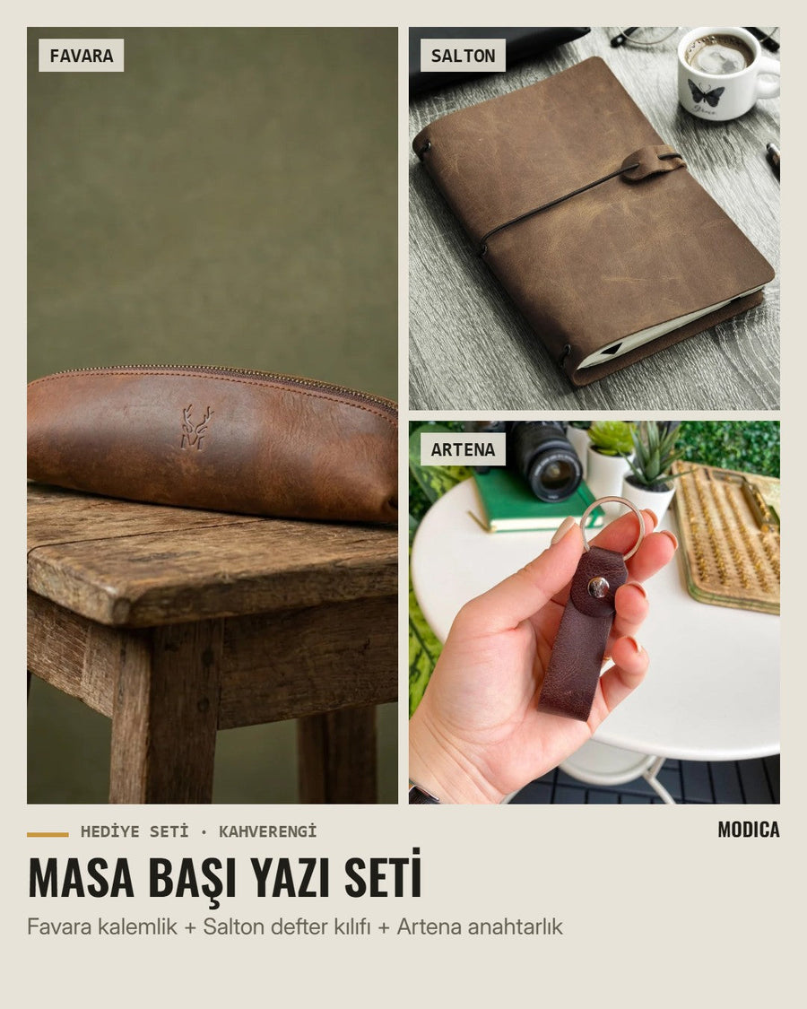 Modica Masa Başı Yazı Seti Favara Kalemlik + Salton Defter Kılıfı + Artena Anahtarlık