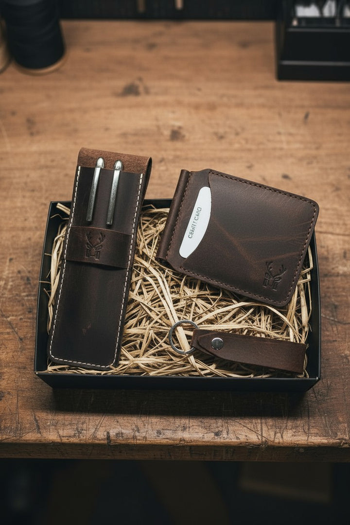 Hakiki Deri Hediye Seti – Larga Para Klipsli Cüzdan + Zey Kalemlik + Mesa Anahtarlık