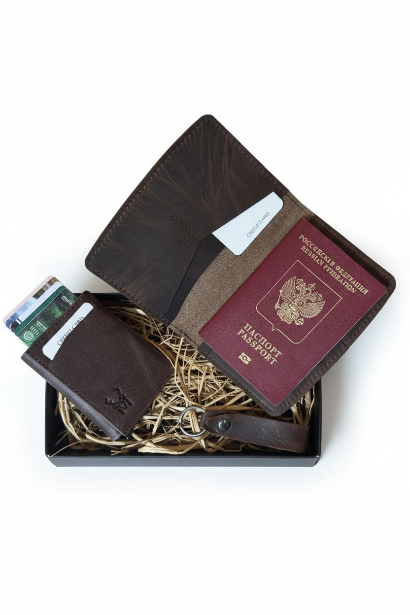 Hakiki Deri 3'lü Seyahat Seti – Mekanizmalı RFID Cüzdan + Pasaport Kılıfı + Anahtarlık