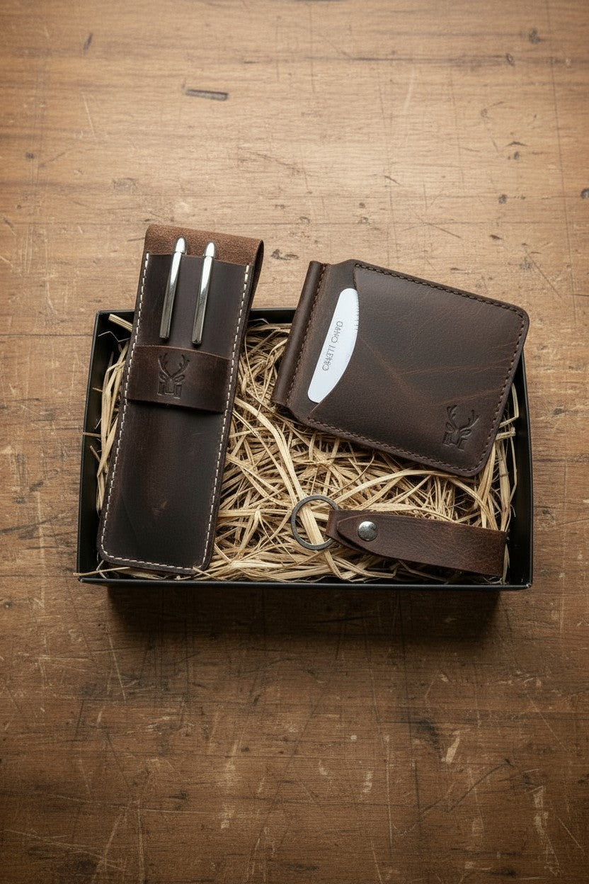 Hakiki Deri Hediye Seti – Larga Para Klipsli Cüzdan + Zey Kalemlik + Mesa Anahtarlık