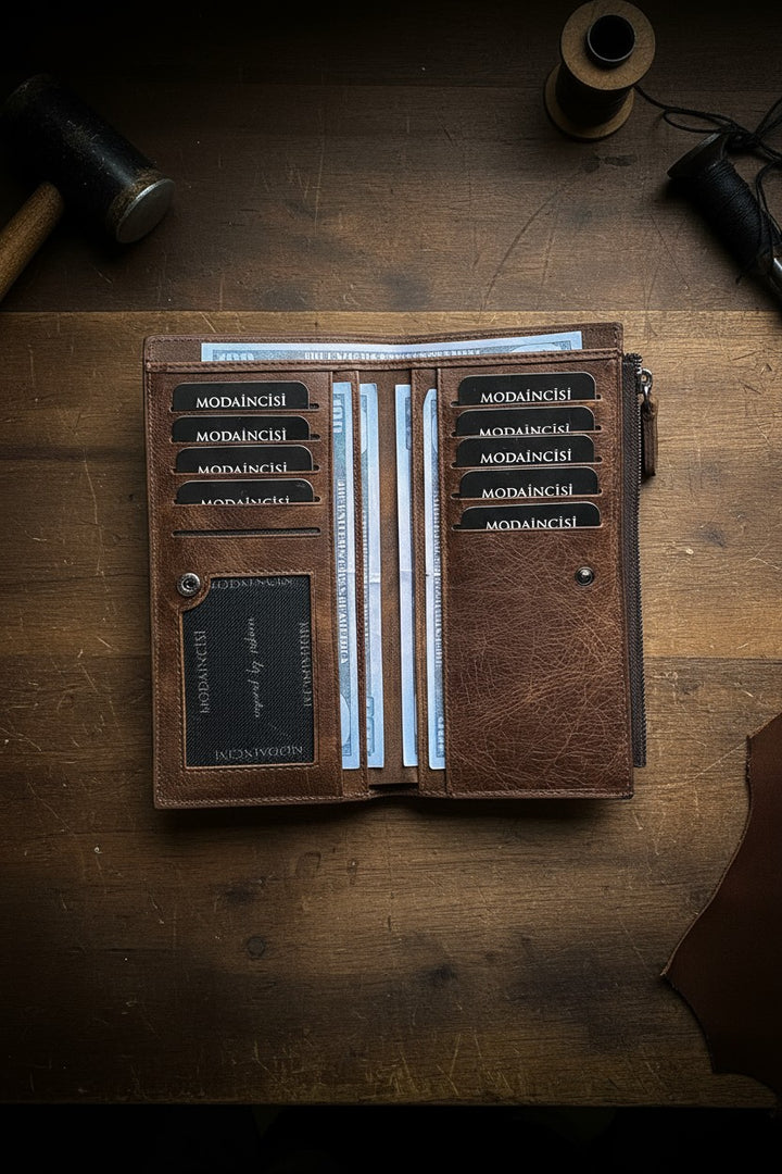 Hakiki Deri Hediye Seti – Mannu Uzun Cüzdan + Zey Kalemlik + Mesa Anahtarlık