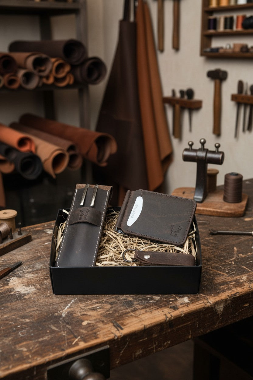 Hakiki Deri Hediye Seti – Larga Para Klipsli Cüzdan + Zey Kalemlik + Mesa Anahtarlık