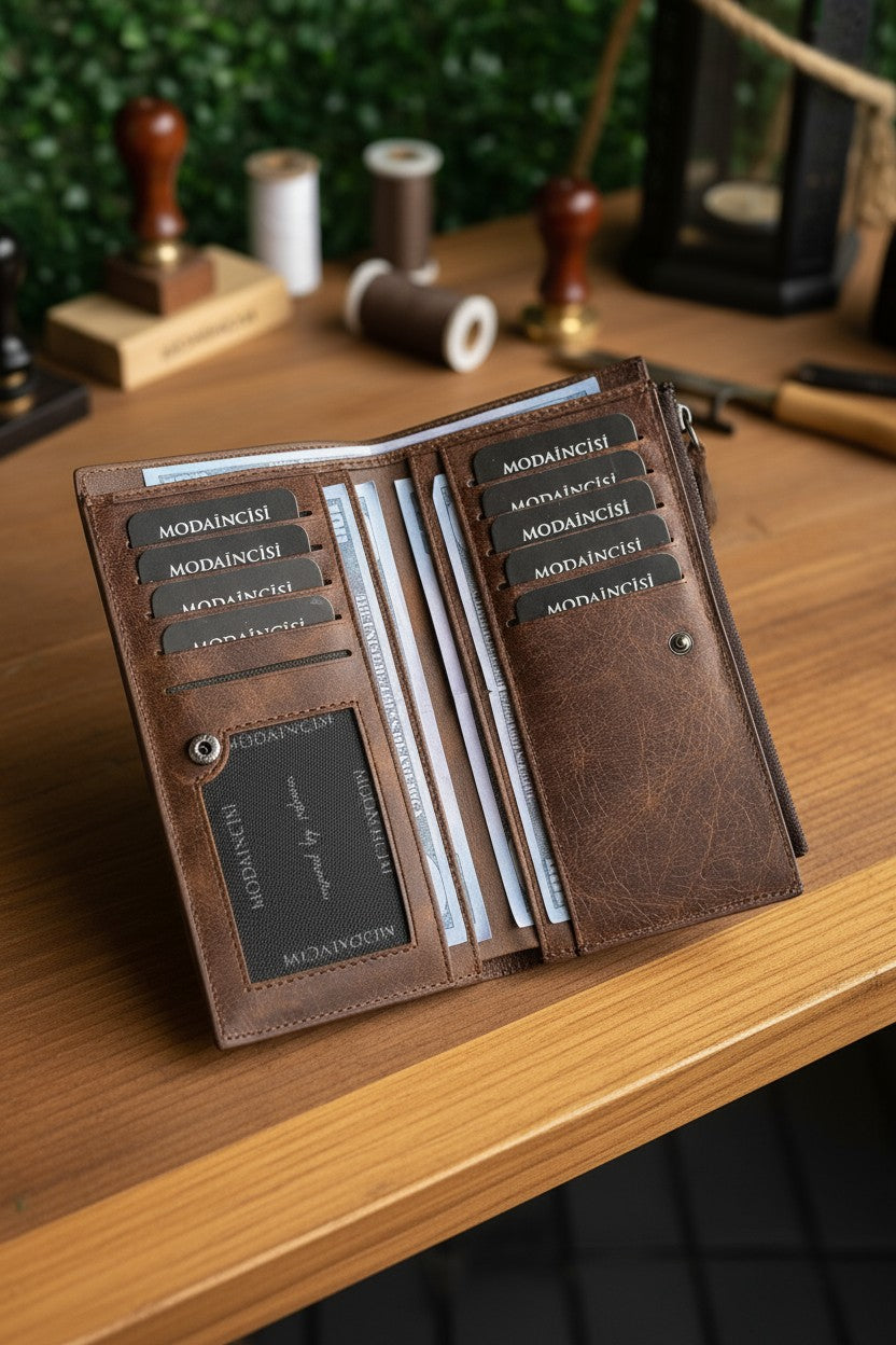 Hakiki Deri Hediye Seti – Mannu Uzun Cüzdan + Zey Kalemlik + Mesa Anahtarlık