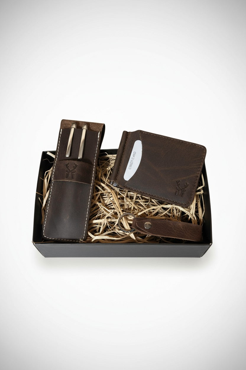 Hakiki Deri Hediye Seti – Larga Para Klipsli Cüzdan + Zey Kalemlik + Mesa Anahtarlık