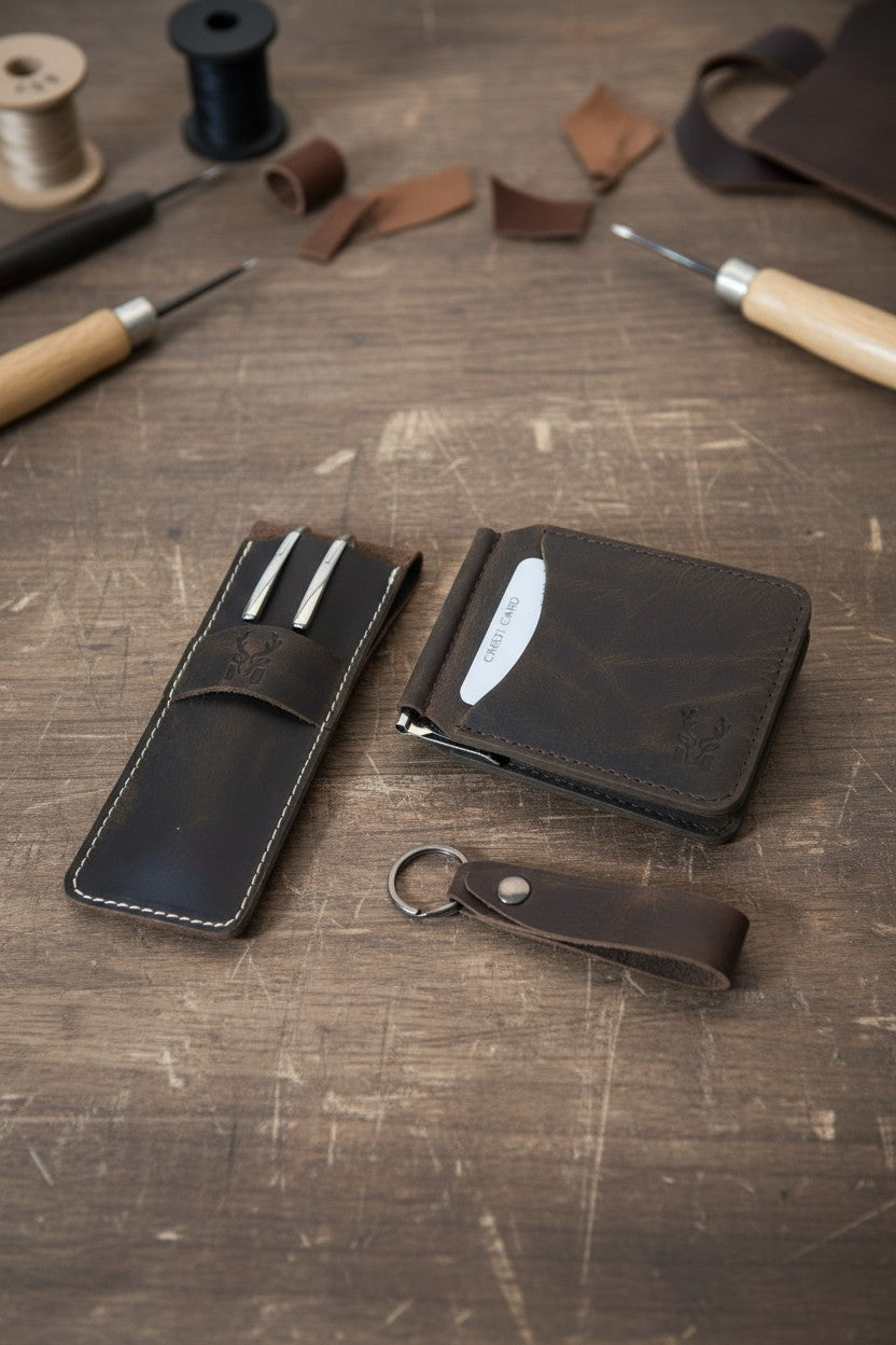 Hakiki Deri Hediye Seti – Larga Para Klipsli Cüzdan + Zey Kalemlik + Mesa Anahtarlık
