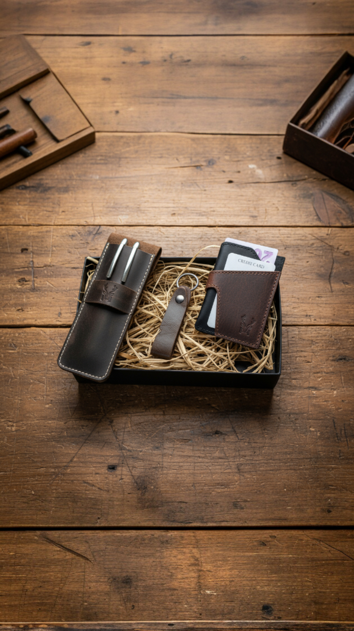 Hakiki Deri 3'lü Kartlık Seti – Kartlık + Kalemlik + Anahtarlık - Özel Hediye Kutulu