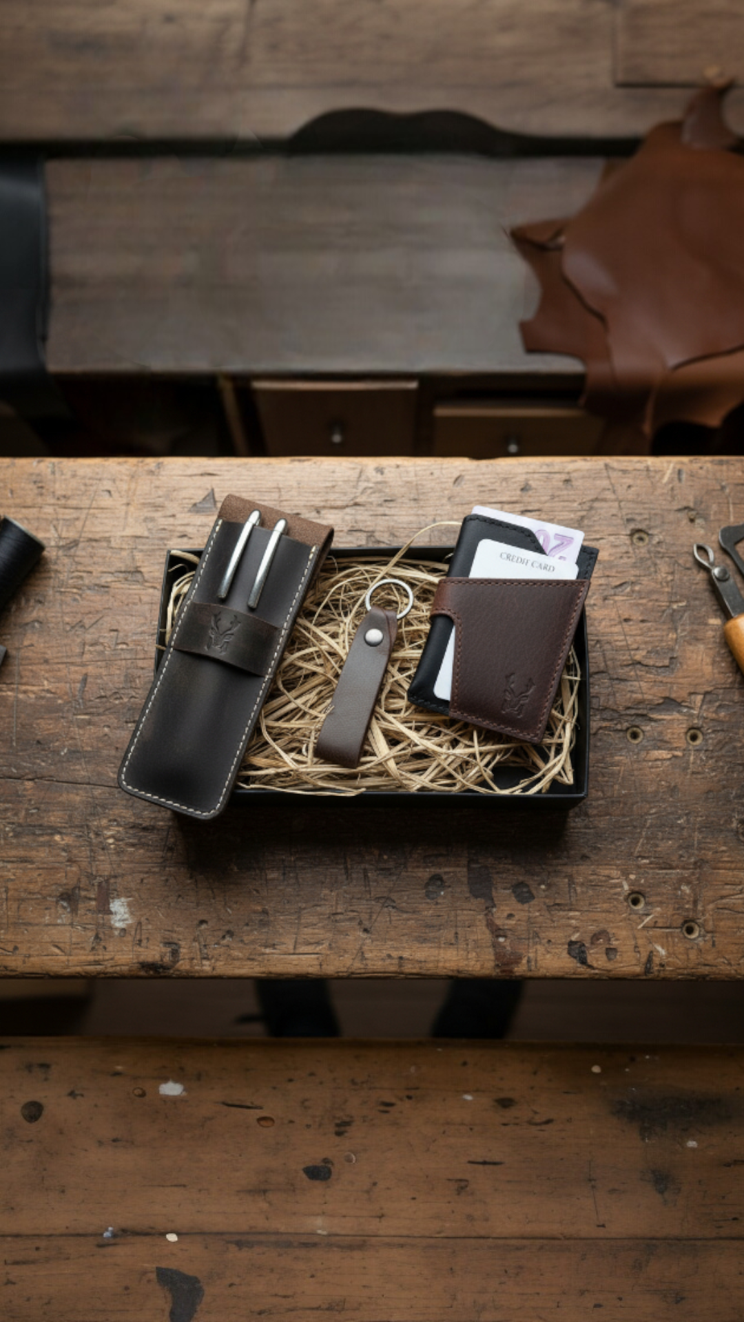 Hakiki Deri 3'lü Kartlık Seti – Kartlık + Kalemlik + Anahtarlık - Özel Hediye Kutulu