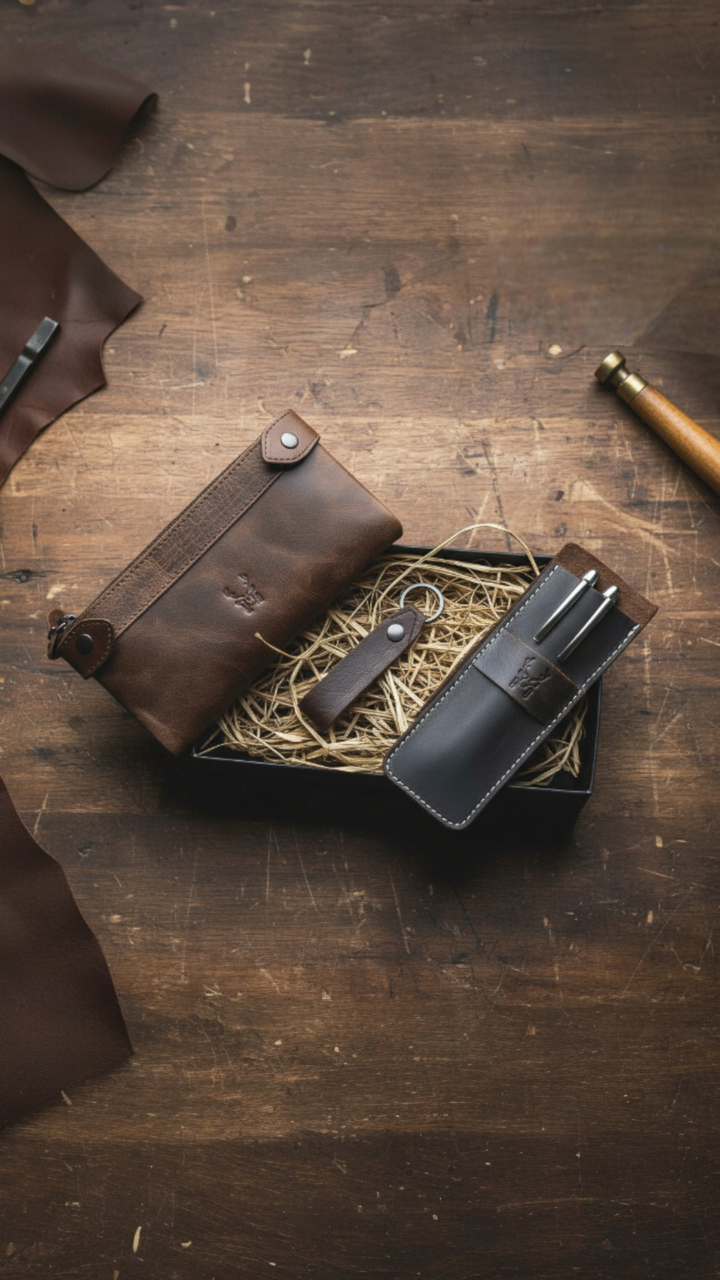 Hakiki Deri Hediye Seti – Telefon Bölmeli Uzun Cüzdan + Kalemlik + Anahtarlık