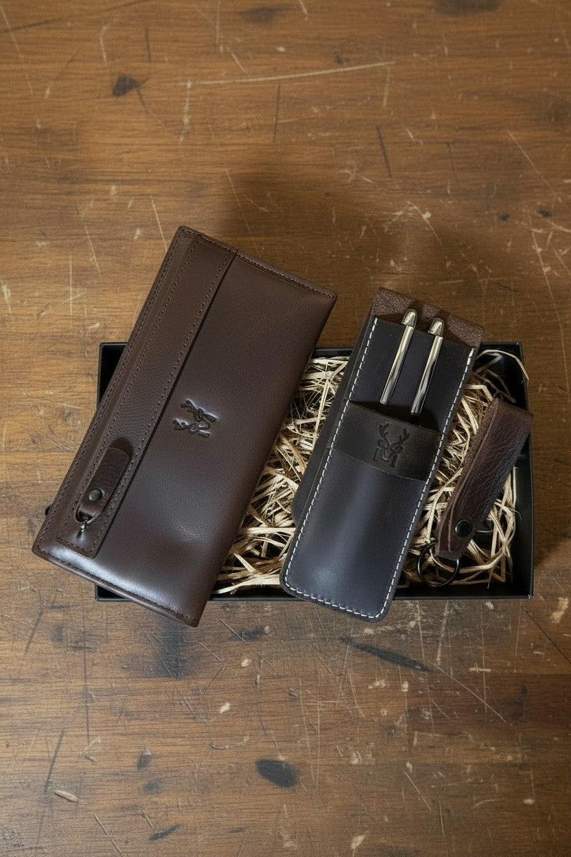 Hakiki Deri Hediye Seti – Mannu Uzun Cüzdan + Zey Kalemlik + Mesa Anahtarlık