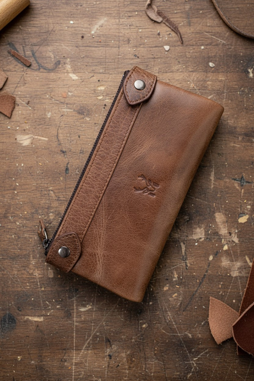 Hakiki Deri Hediye Seti – Telefon Bölmeli Uzun Cüzdan + Kalemlik + Anahtarlık