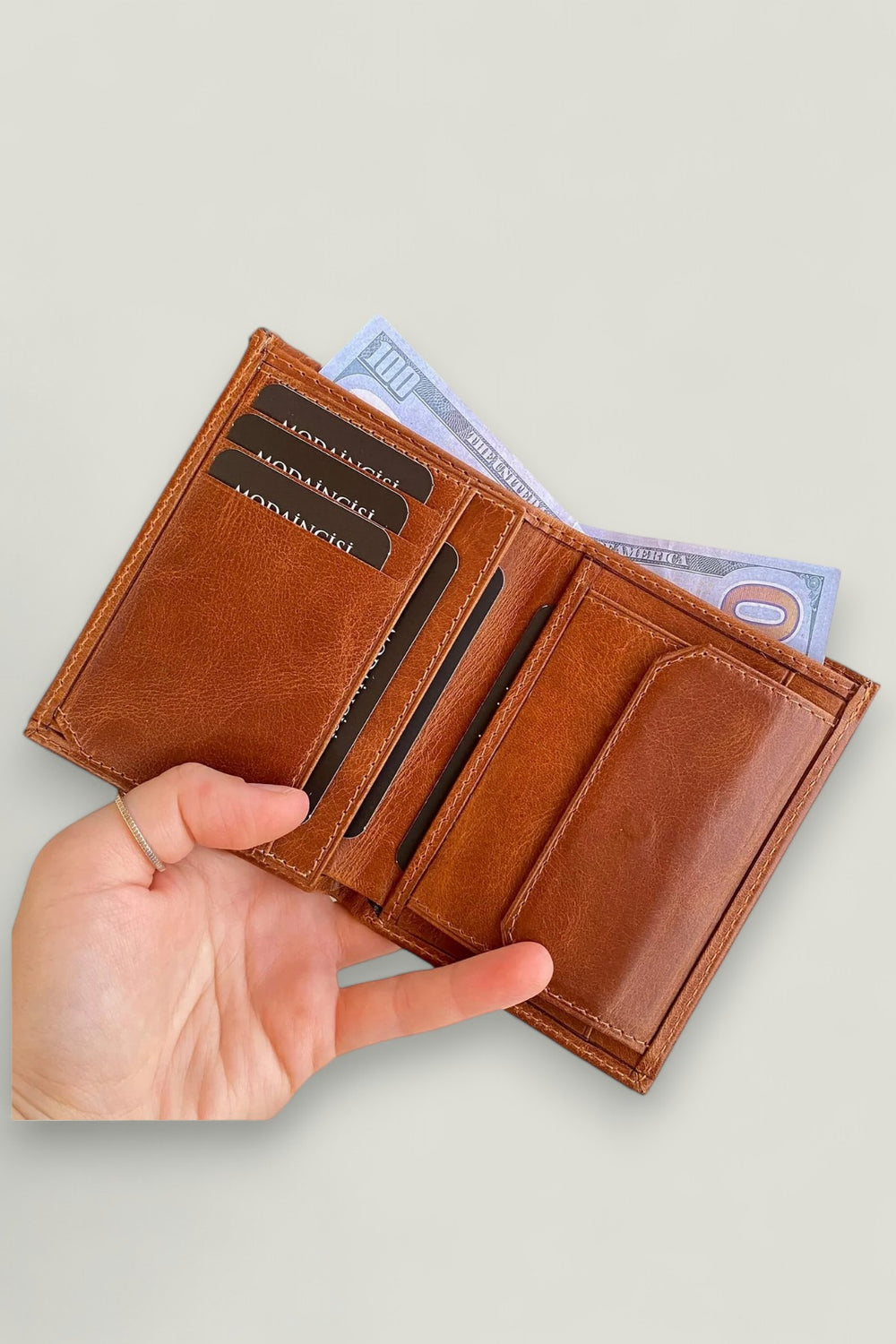 Eretna - Hakiki Deri Bozuk Para Bölmeli Erkek Cüzdan - Taba - Modica Deri