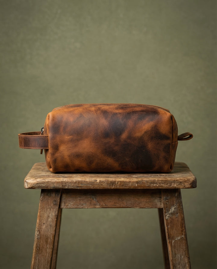 Partenon - Gerçek Deri Fermuarlı El Çantası - Tıraş Takımı Çantası - Seyahat Makyaj Çantası - Modica Deri