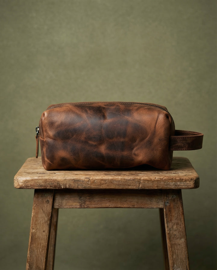 Partenon - Gerçek Deri Fermuarlı El Çantası - Tıraş Takımı Çantası - Seyahat Makyaj Çantası - Modica Deri