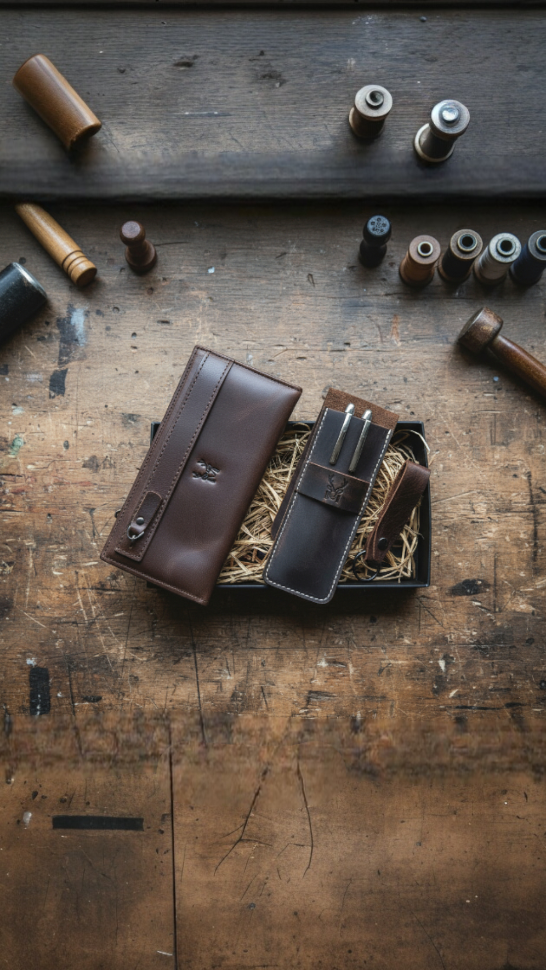 Hakiki Deri Hediye Seti – Mannu Uzun Cüzdan + Zey Kalemlik + Mesa Anahtarlık