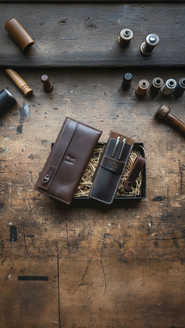 Hakiki Deri Hediye Seti – Mannu Uzun Cüzdan + Zey Kalemlik + Mesa Anahtarlık