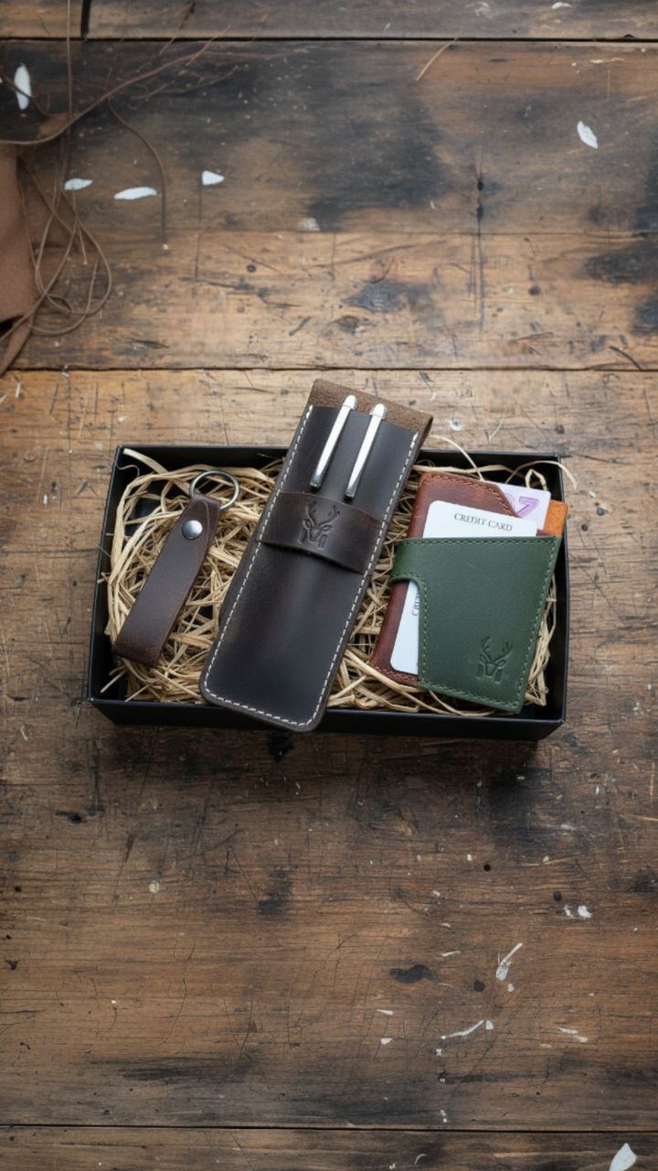 Hakiki Deri 3'lü Kartlık Seti – Kartlık + Kalemlik + Anahtarlık - Özel Hediye Kutulu