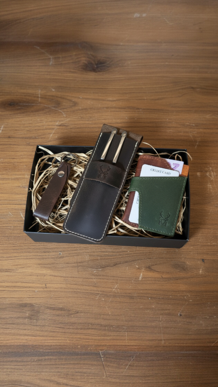 Hakiki Deri 3'lü Kartlık Seti – Kartlık + Kalemlik + Anahtarlık - Özel Hediye Kutulu