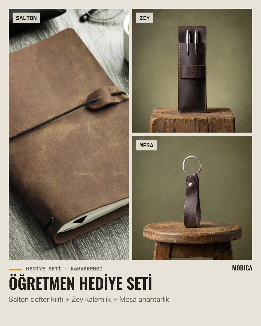 Öğretmen Hediye Seti: Salton defter kılıfı, Zey kalemlik ve Mesa anahtarlık – kahverengi hakiki deri