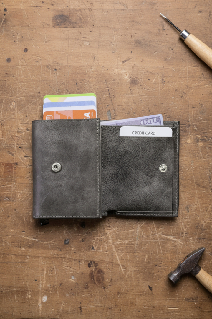 Modica Pescol - Hakiki Deri RFID Korumalı Otomatik Mekanizmalı Akıllı Kartlık/Cüzdan (Premium)