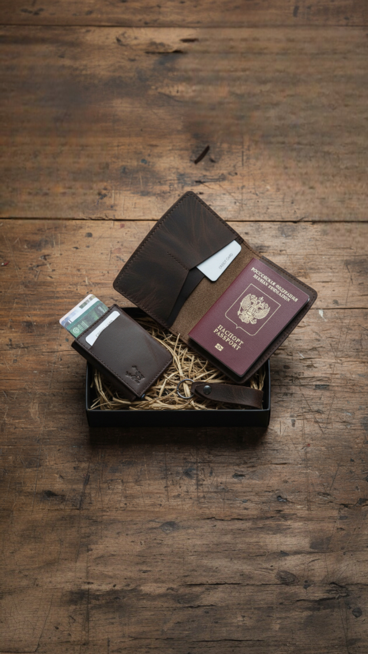 Hakiki Deri 3'lü Seyahat Seti – Mekanizmalı RFID Cüzdan + Pasaport Kılıfı + Anahtarlık
