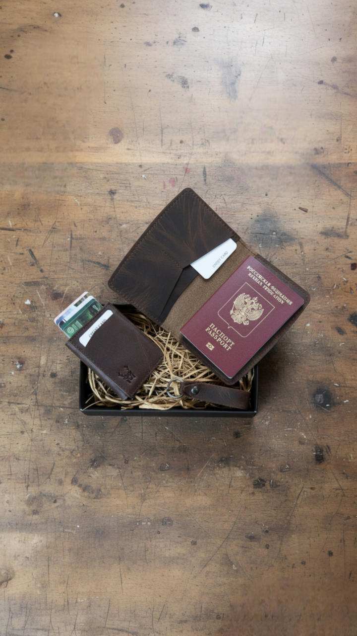 Hakiki Deri 3'lü Seyahat Seti – Mekanizmalı RFID Cüzdan + Pasaport Kılıfı + Anahtarlık