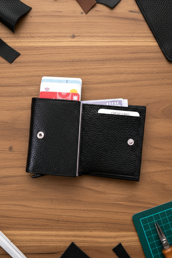 Modica Pescol - Hakiki Deri RFID Korumalı Otomatik Mekanizmalı Akıllı Kartlık/Cüzdan (Premium)