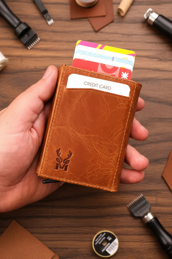 Modica Pescol - Hakiki Deri RFID Korumalı Otomatik Mekanizmalı Akıllı Kartlık/Cüzdan (Premium)