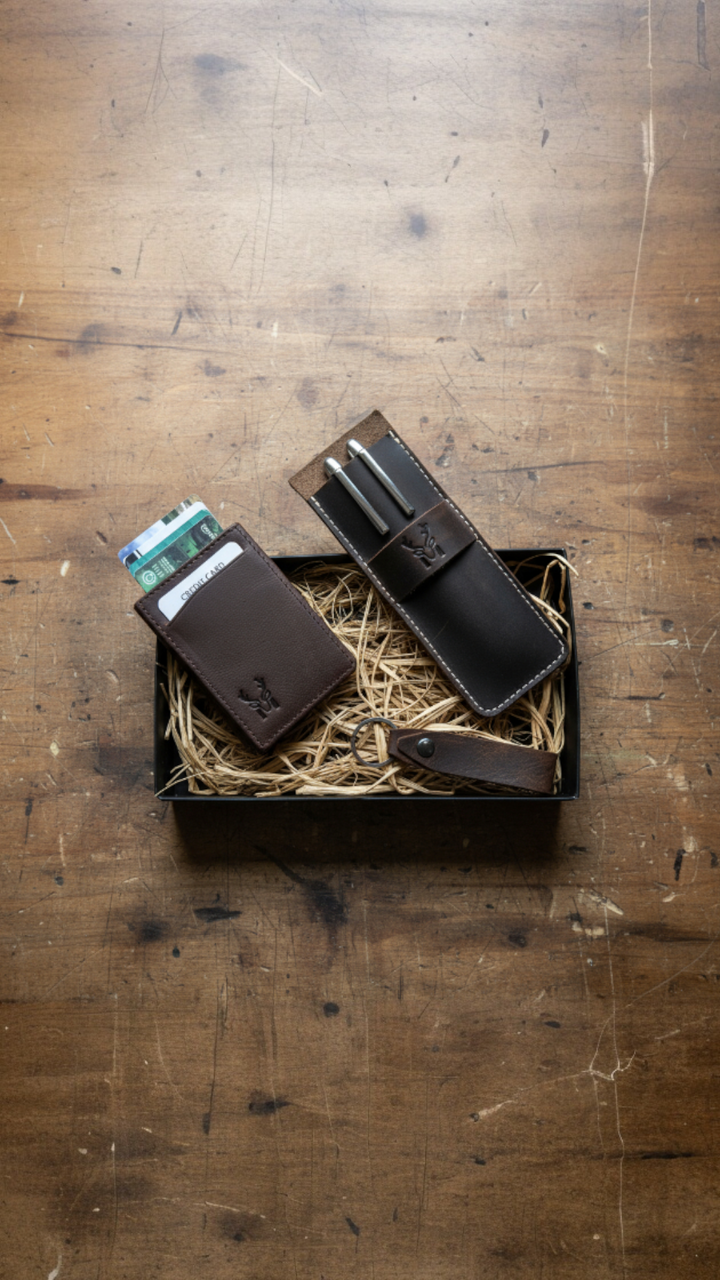 Hakiki Deri Hediye Seti – RFID Kartlık/Cüzdan + Kalemlik + Anahtarlık