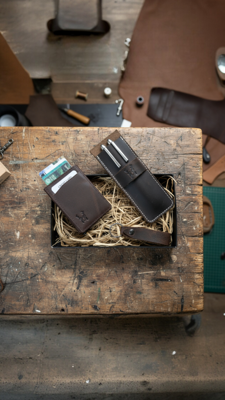 Hakiki Deri Hediye Seti – RFID Kartlık/Cüzdan + Kalemlik + Anahtarlık