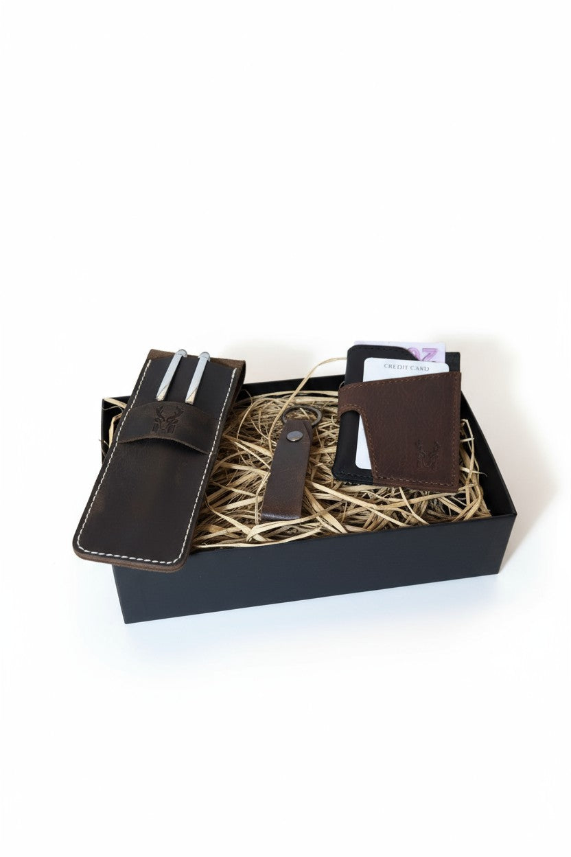 Hakiki Deri 3'lü Kartlık Seti – Kartlık + Kalemlik + Anahtarlık - Özel Hediye Kutulu