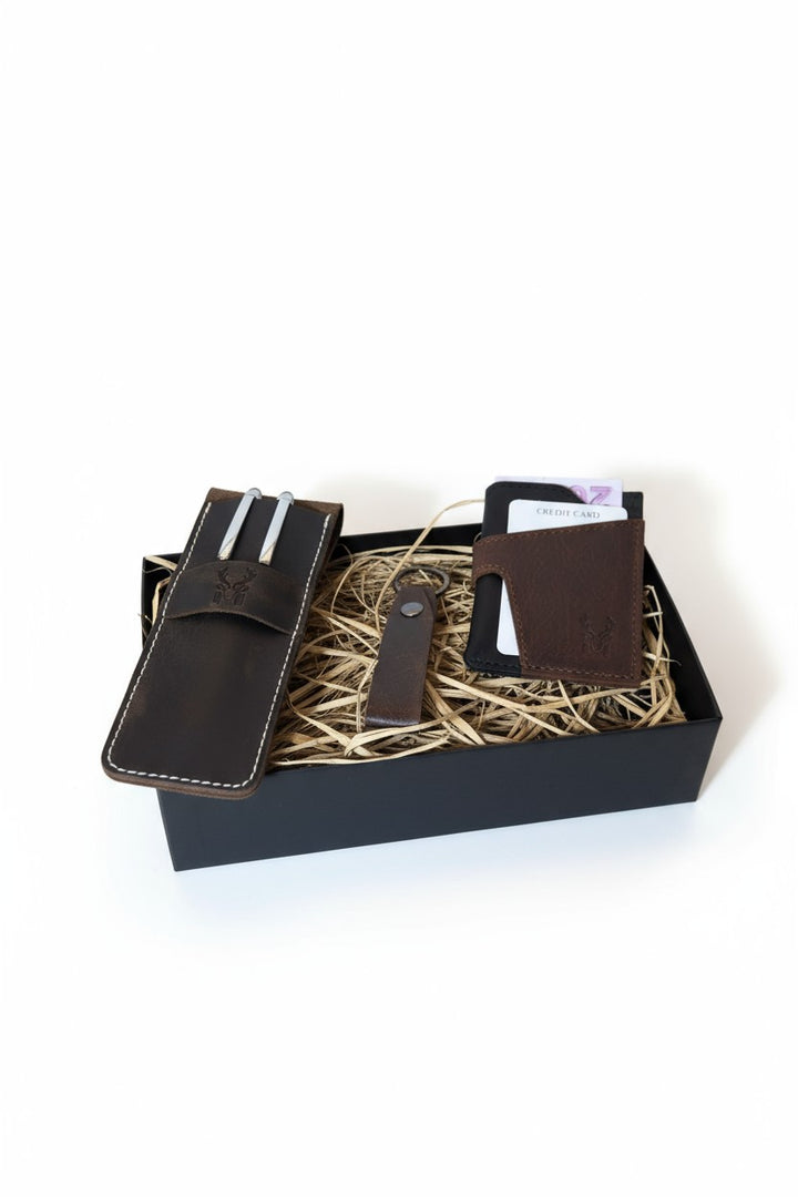Hakiki Deri 3'lü Kartlık Seti – Kartlık + Kalemlik + Anahtarlık - Özel Hediye Kutulu