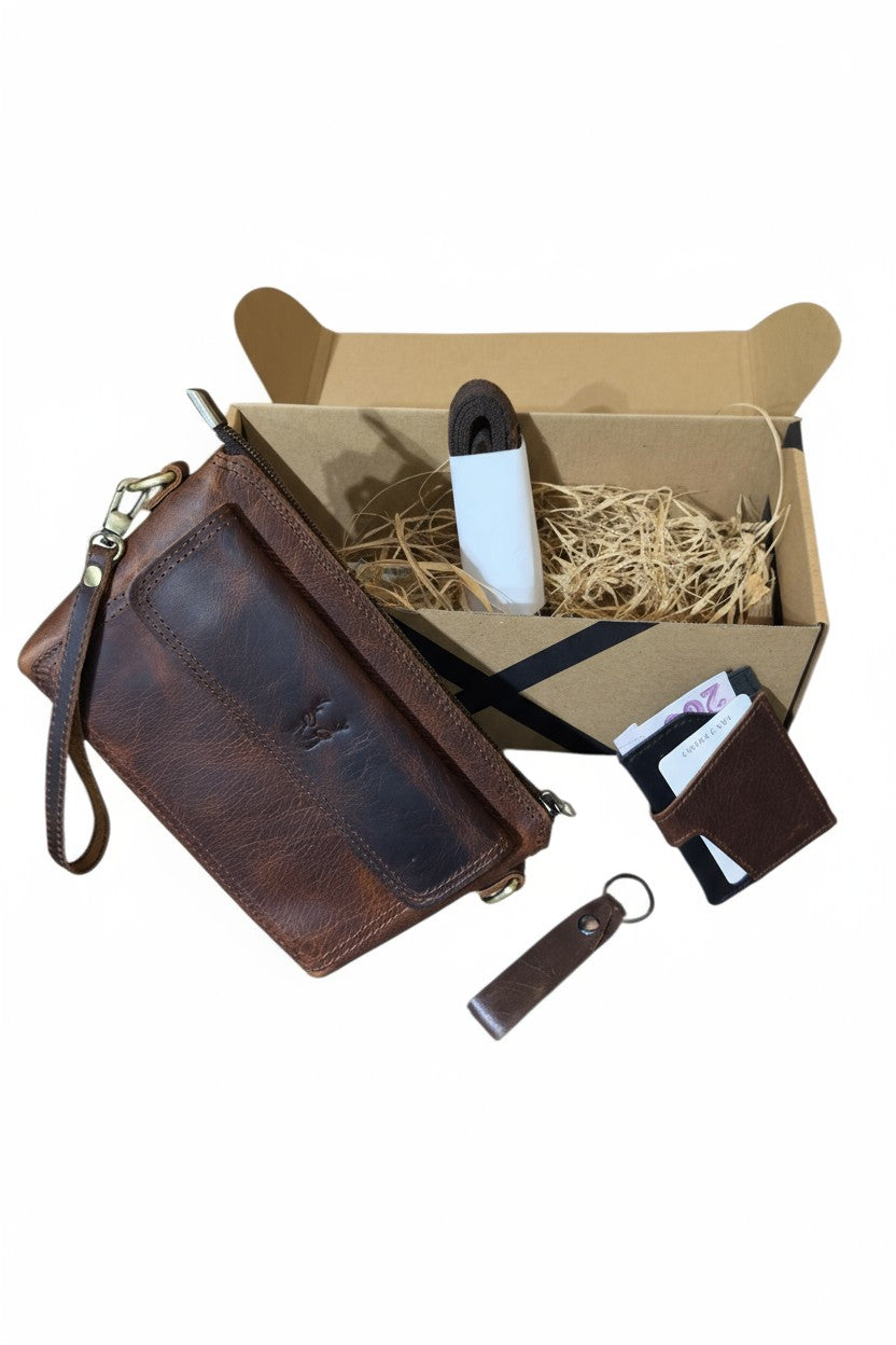 Hakiki Deri Hediye Seti – El/Omuz Çantası + Kartlık + Anahtarlık