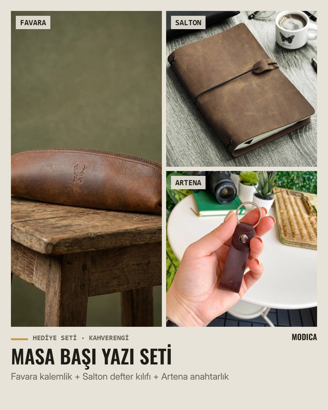 Masa Başı Yazı Seti: Favara kalemlik, Salton defter kılıfı, Artena anahtarlık – kahverengi hakiki deri
