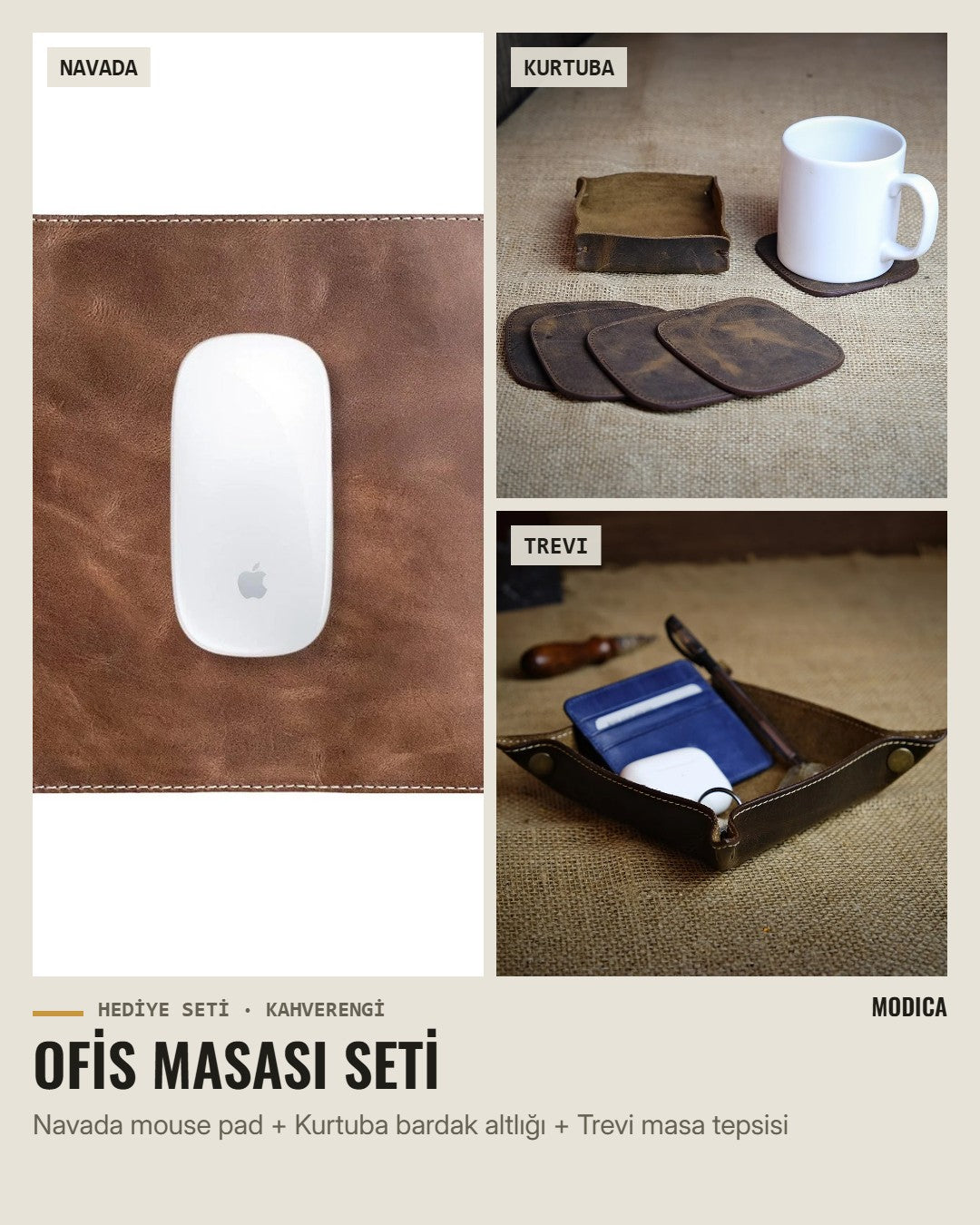 Ofis Masası Seti: Navada mouse pad, Kurtuba bardak altlığı, Trevi masa tepsisi – kahverengi hakiki deri