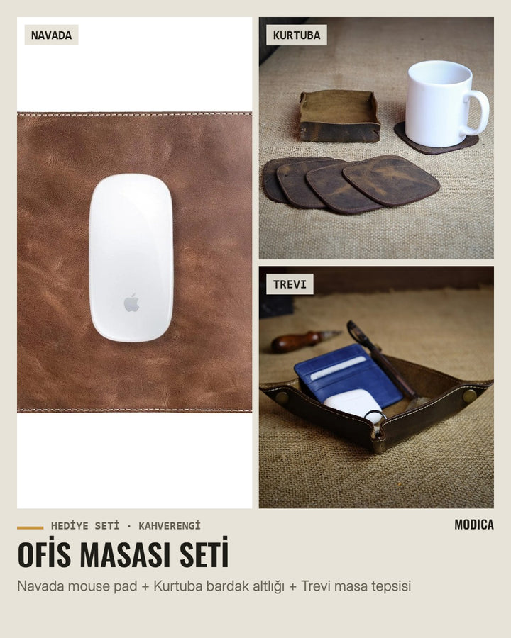 Ofis Masası Seti: Navada mouse pad, Kurtuba bardak altlığı, Trevi masa tepsisi – kahverengi hakiki deri