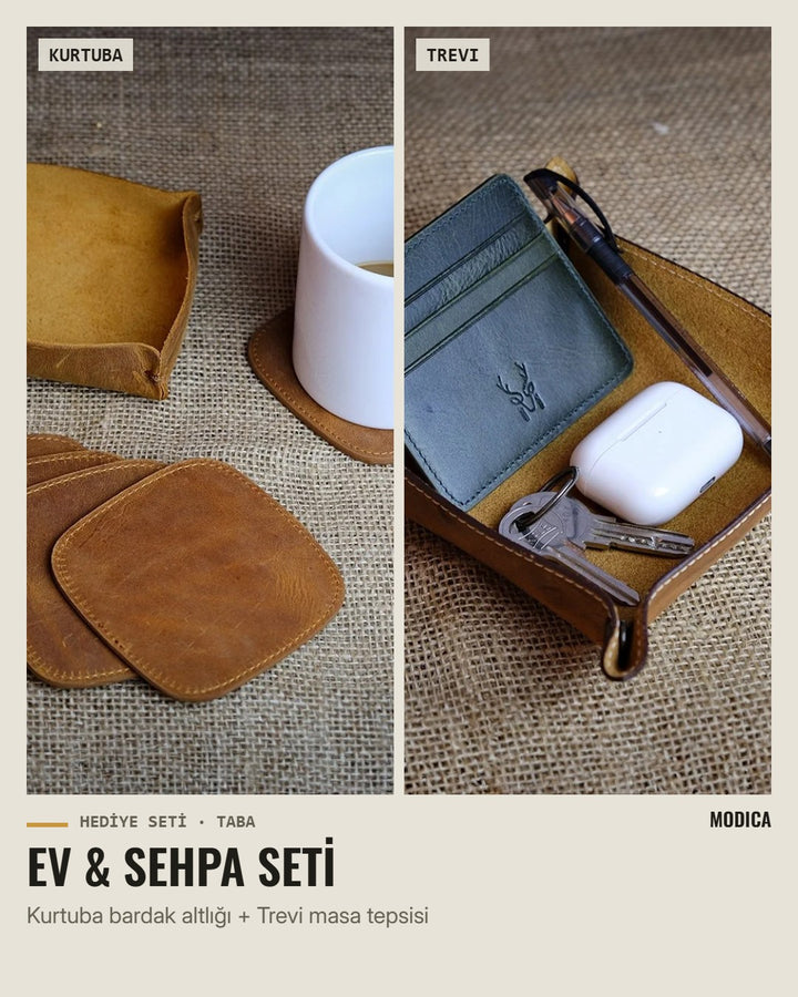 Ev & Sehpa Seti: Kurtuba bardak altlığı, Trevi masa tepsisi – taba hakiki deri