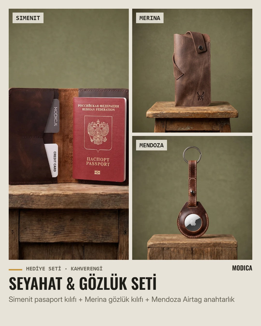 Seyahat & Gözlük Seti: Simenit pasaport kılıfı, Merina gözlük kılıfı, Mendoza Airtag anahtarlık – kahverengi hakiki deri