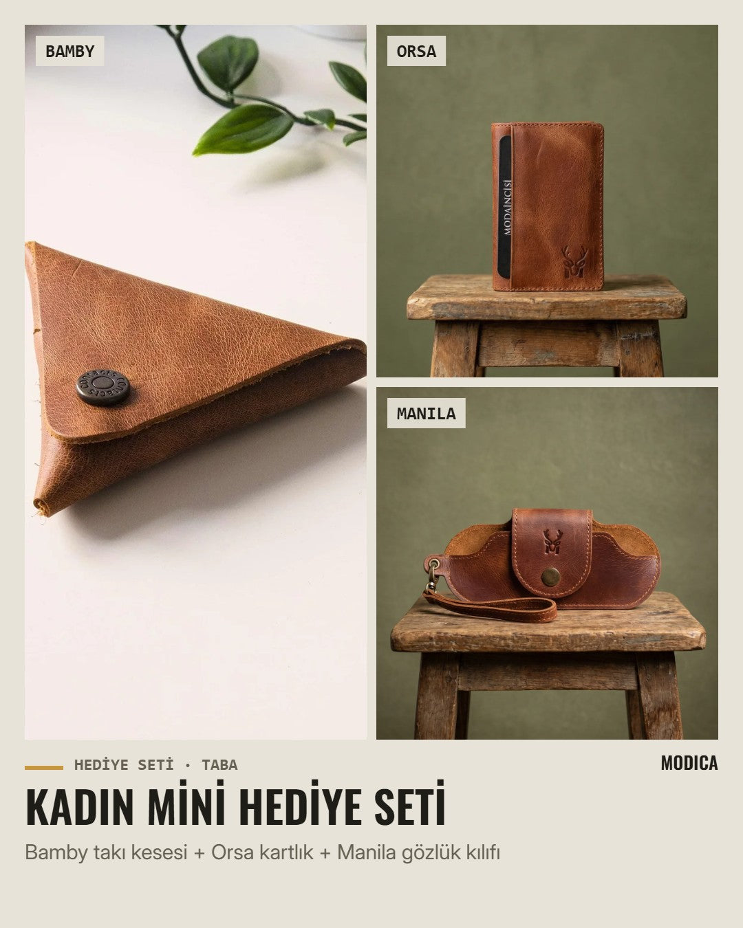 Kadın Mini Hediye Seti: Bamby takı kesesi, Orsa kartlık, Manila gözlük kılıfı – taba hakiki deri