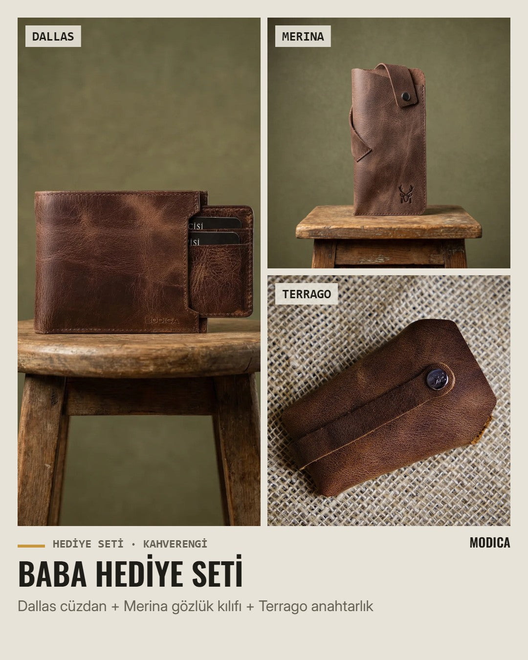 Baba Hediye Seti: Dallas cüzdan, Merina gözlük kılıfı, Terrago anahtarlık – kahverengi hakiki deri