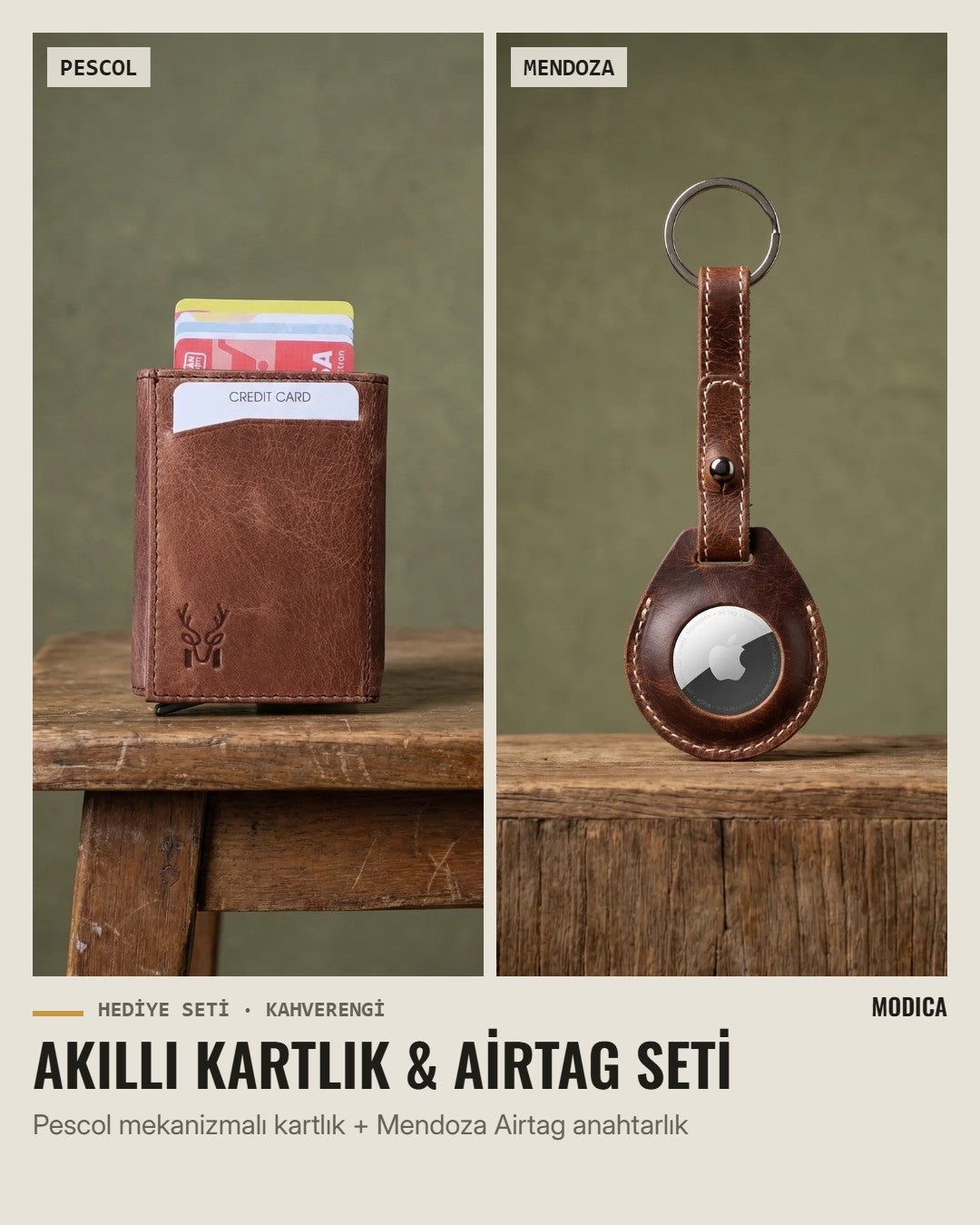 Akıllı Kartlık & Airtag Seti: Pescol mekanizmalı kartlık, Mendoza Airtag anahtarlık – kahverengi hakiki deri