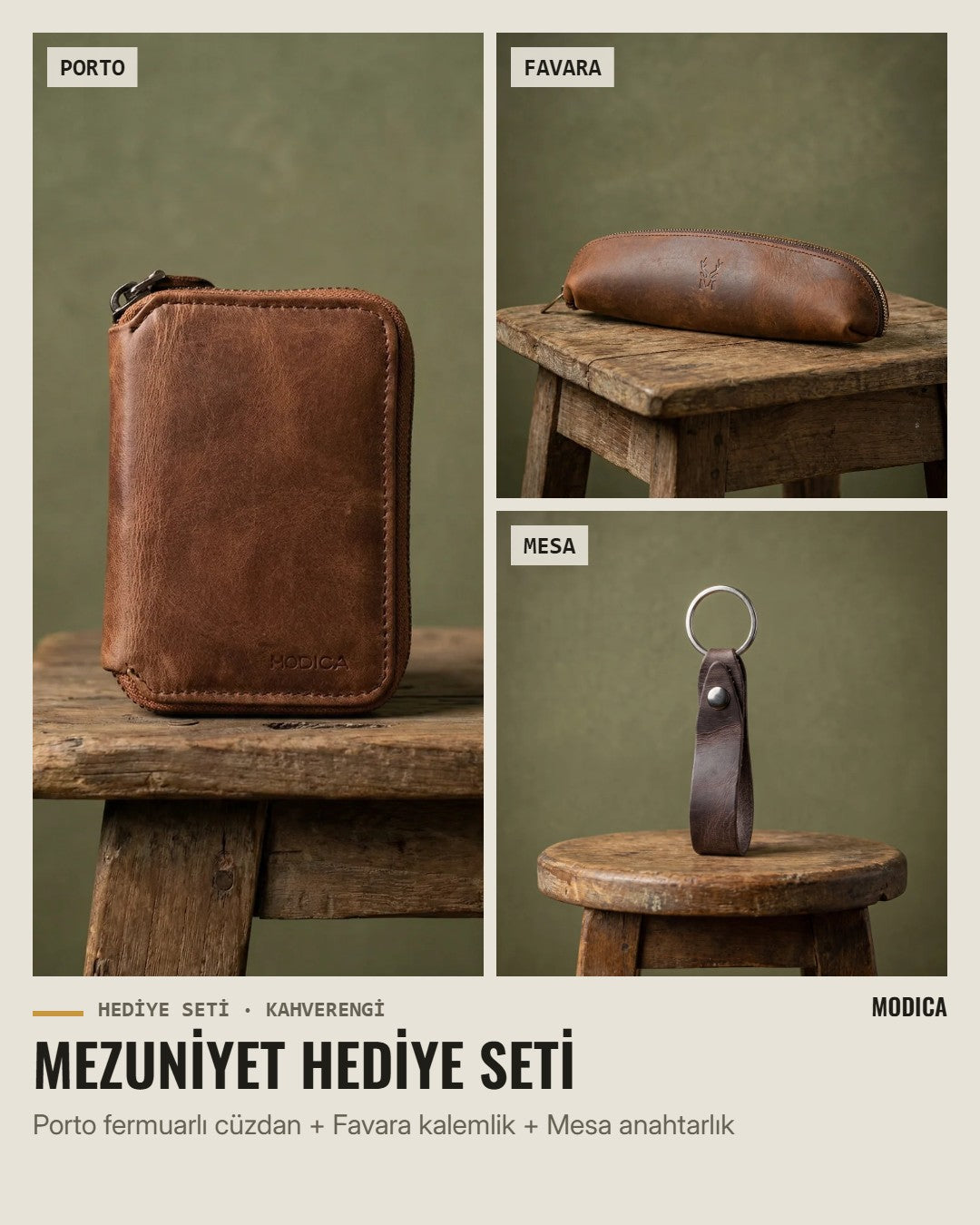 Mezuniyet Hediye Seti: Porto fermuarlı cüzdan, Favara kalemlik, Mesa anahtarlık – kahverengi hakiki deri