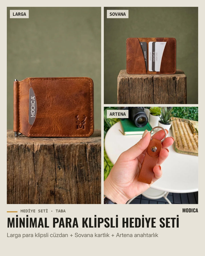 Minimal Para Klipsli Hediye Seti: Larga para klipsli cüzdan, Sovana kartlık, Artena anahtarlık – taba hakiki deri