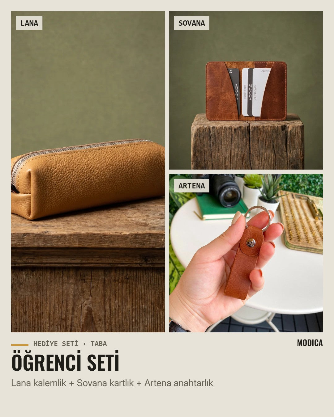 Öğrenci Seti: Lana kalemlik, Sovana kartlık, Artena anahtarlık – taba hakiki deri