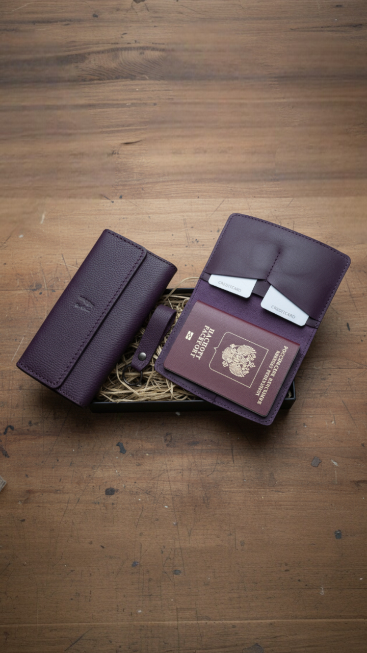 Hakiki Deri 3'lü Cüzdan Seti Hediyelik + Cüzdan + Pasaport Kılıfı + Anahtarlık