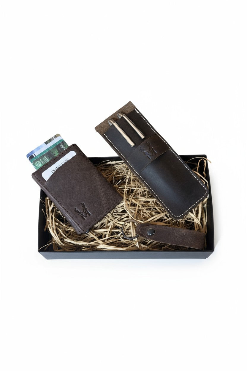 Hakiki Deri Hediye Seti – RFID Kartlık/Cüzdan + Kalemlik + Anahtarlık